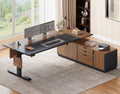 SEDETA L Shaped Electric Standing Desk, Height Adjustable Desk with 3 Drawers and Cabinet, Sit Stand Up Home Office Desk with Power Outlets & Side Hook