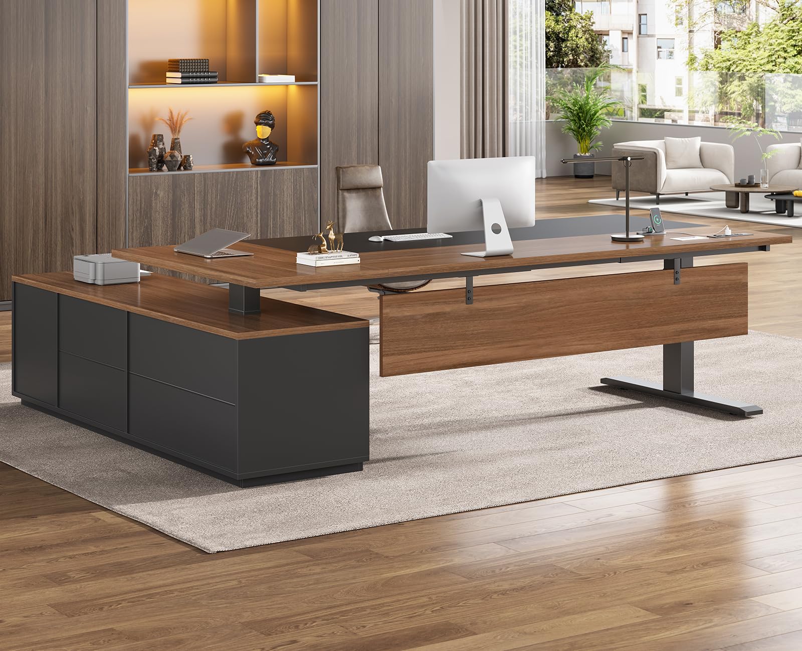 SEDETA L Shaped Electric Standing Desk, Height Adjustable Desk with 3 Drawers and Cabinet, Sit Stand Up Home Office Desk with Power Outlets & Side Hook