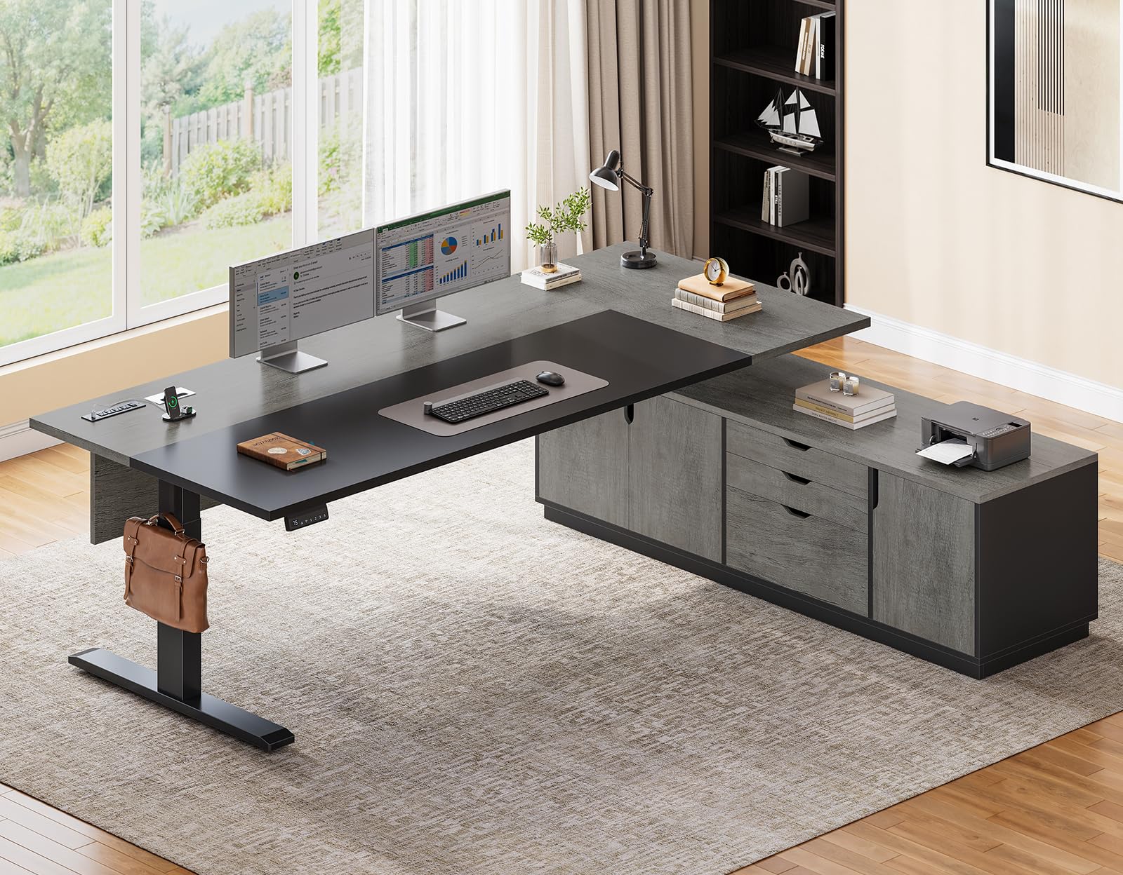 SEDETA L-Shaped Electric Standing Desk with 3 Drawers & Cabinet