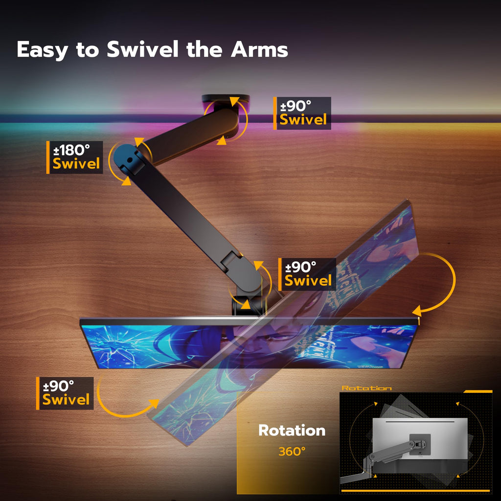 ARES Wing Wall Mount Monitor Arm for 17-49 Inch Ultrawide Screens, Heavy Duty Monitor Mount Holds 44 lbs, Fully Adjustable Gas Spring Wall Mount, 75x75/100x100 VESA Mount