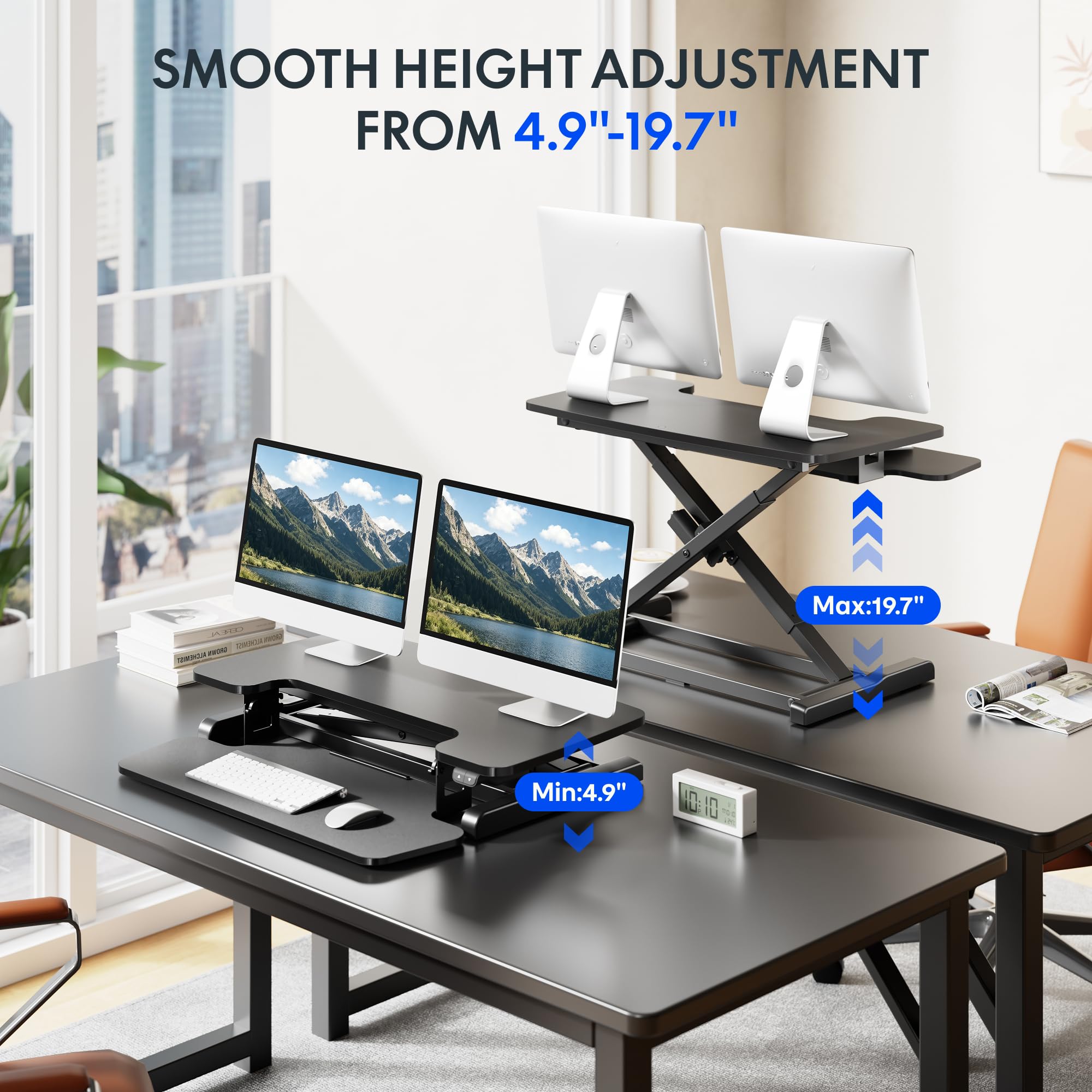 FLEXISPOT Electric Standing Desk Converter, Motorized Sit to Stand Desk Riser, Height Adjustable Desktop Monitor and Laptop Workstation with Wide Keyboard Tray