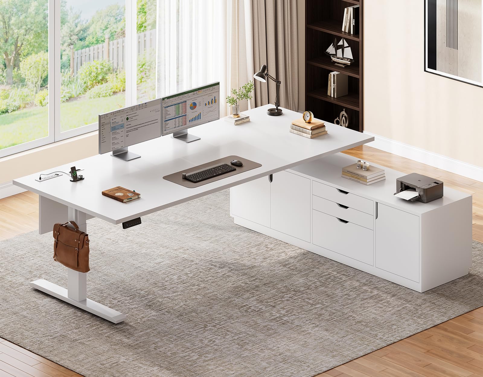 SEDETA L-Shaped Electric Standing Desk with 3 Drawers & Cabinet