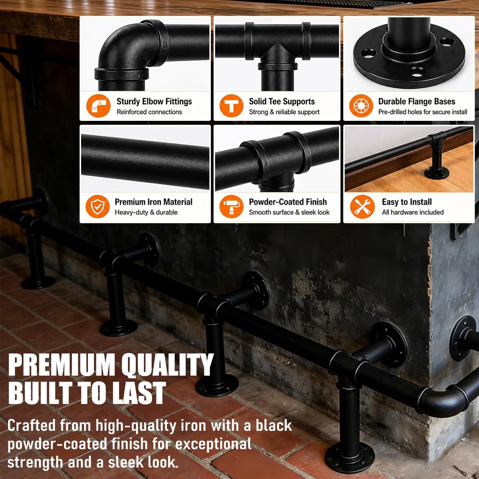 Commercial Grade Bar Foot Rail, Black Pipe Foot Rest for Cafe Pub Home Bar