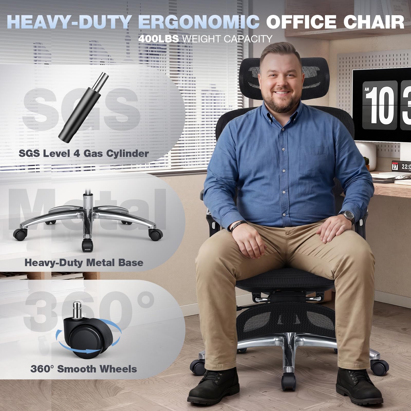 MALOL Ergonomic Office Chair, 400lbs High Back Mesh Desk Chair with 6D Armrests, 3D Headrest, Adjustable Lumbar Support, Seat Depth Adjustment, Tilt Lock, Metal Base & PU Wheels