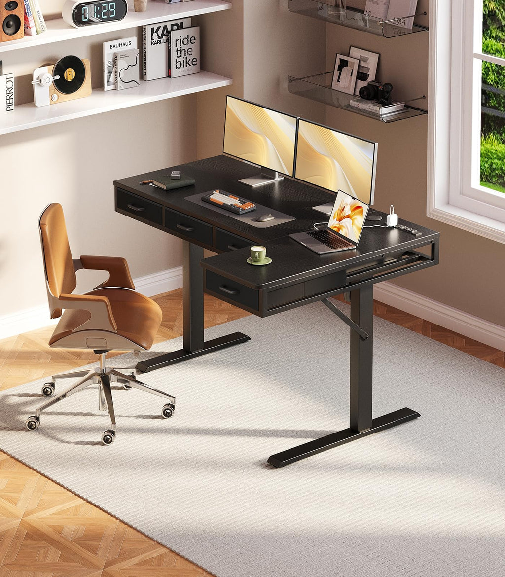 OffiGo Electric L Shaped Standing Desk with 4 Drawers, Height Adjustable Large Desk with Power Outlets, Sit Stand Table, Writing Computer Desk for Home, Office, Workstation