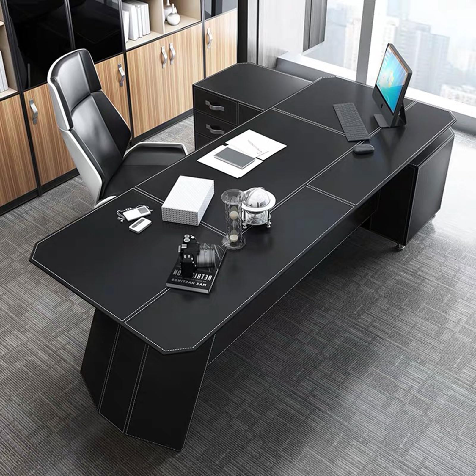 HONGYISHI L Shaped Desk with Drawer Cabinet, Executive Computer Desk L-Shaped Computer Desk Home Office Furniture Black