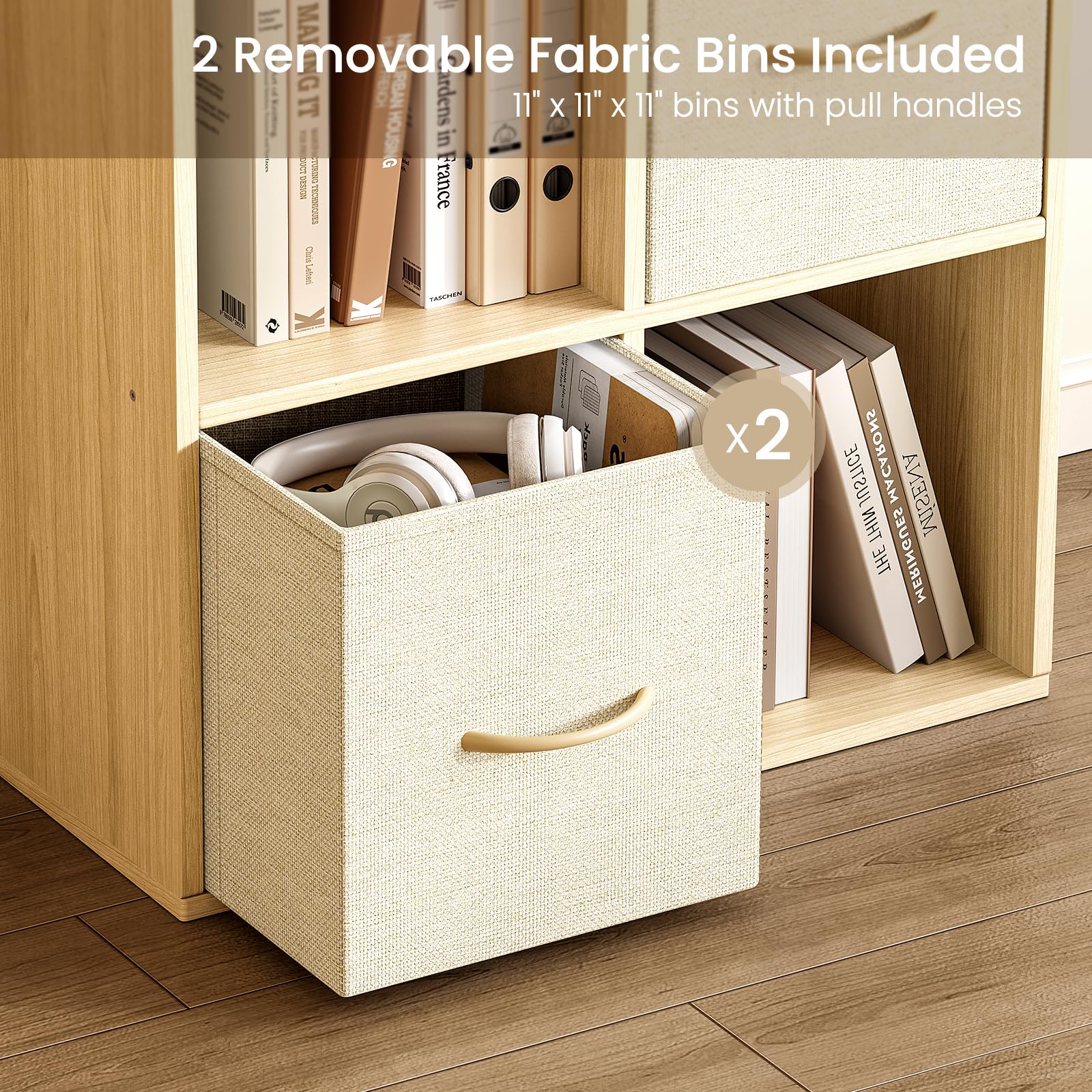 EXPERLAM Cube Storage Organizer - Solid Wood Bookshelf with Storage Bins, Cube Shelf with Removable Back Panels, Vertical or Horizontal Bookcase, Open Book Shelf for Bedroom, Living Room, Office