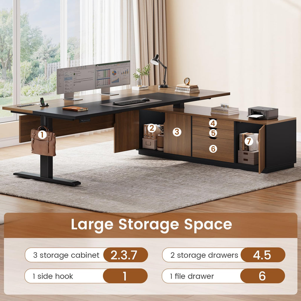 SEDETA L Shaped Electric Standing Desk, Height Adjustable Desk with 3 Drawers and Cabinet, Sit Stand Up Home Office Desk with Power Outlets & Side Hook