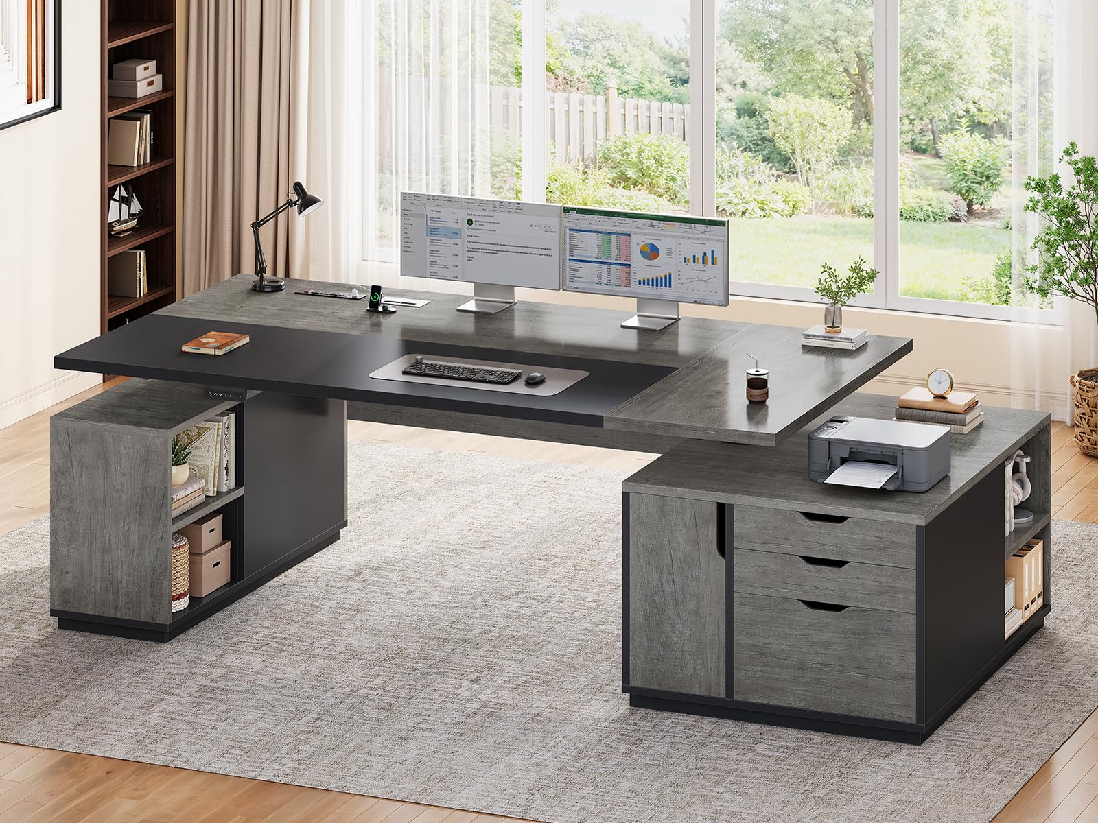 SEDETA L-Shaped Electric Standing Desk with 3 Drawers & Cabinet