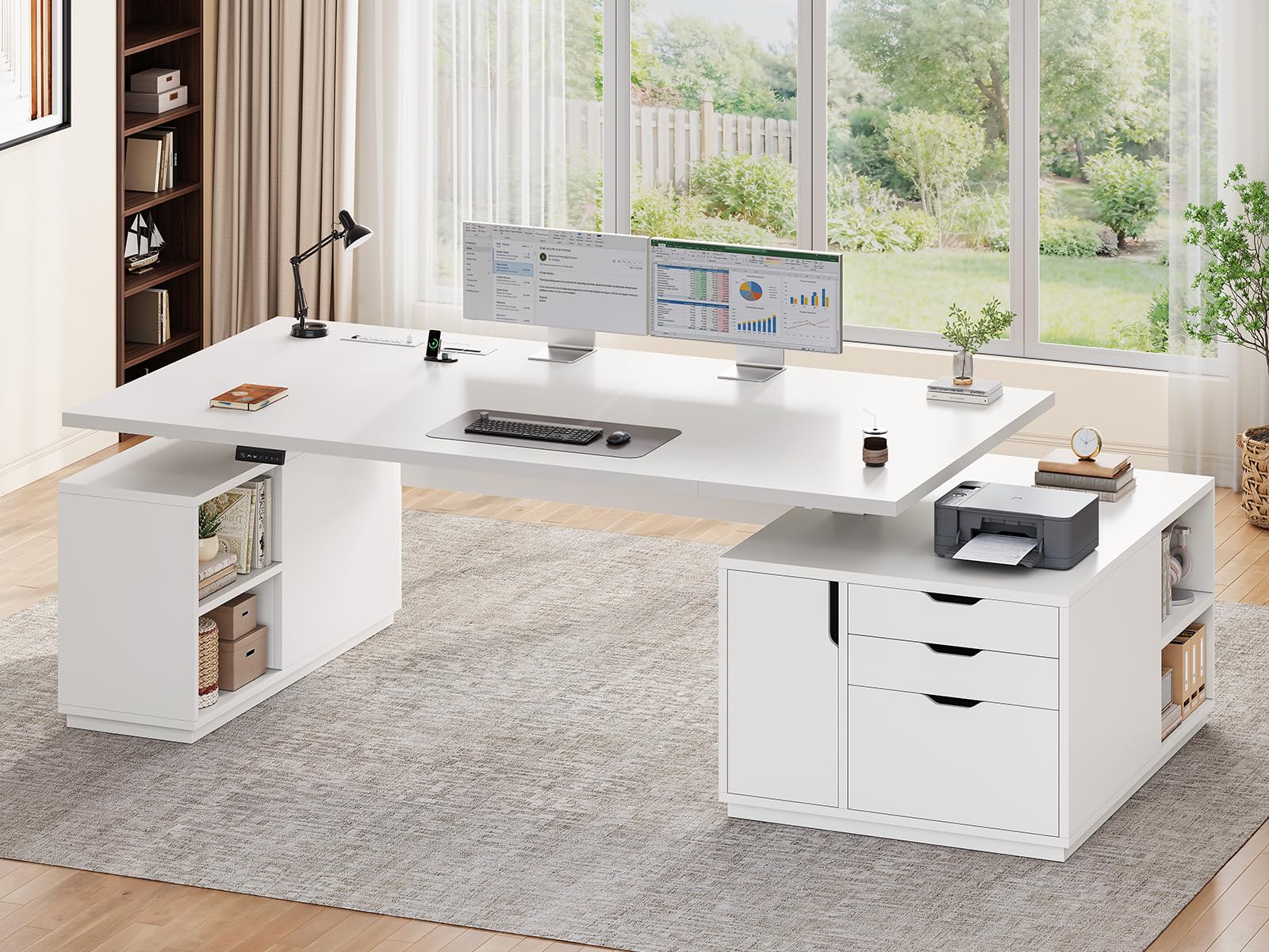 SEDETA L-Shaped Electric Standing Desk with 3 Drawers & Cabinet