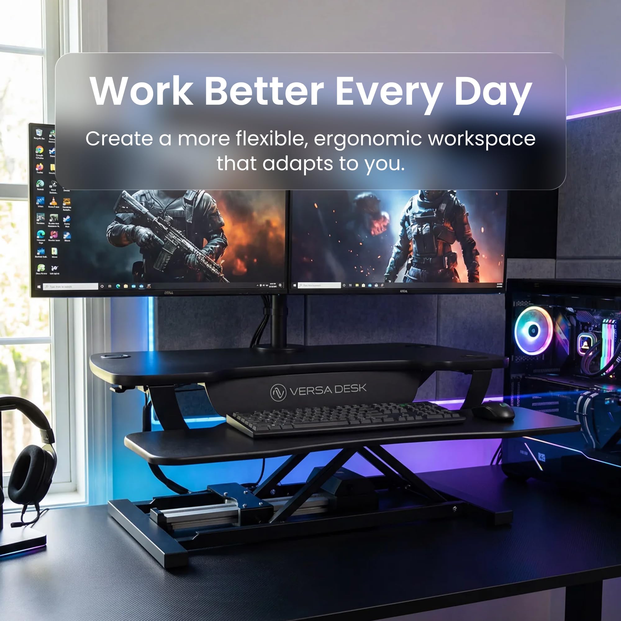 VERSADESK Electric Standing Desk Converter, PowerPro Height Adjustable, Sit to Stand Riser With Keyboard Tray, Push-Button Control Switch With USB Charging Port