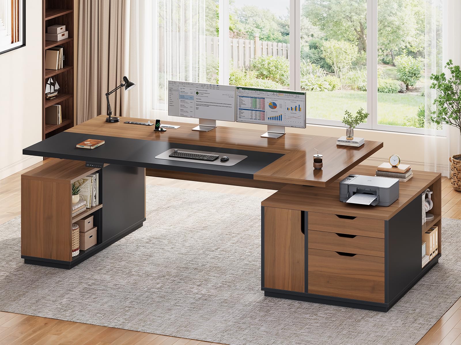SEDETA L-Shaped Electric Standing Desk with 3 Drawers & Cabinet