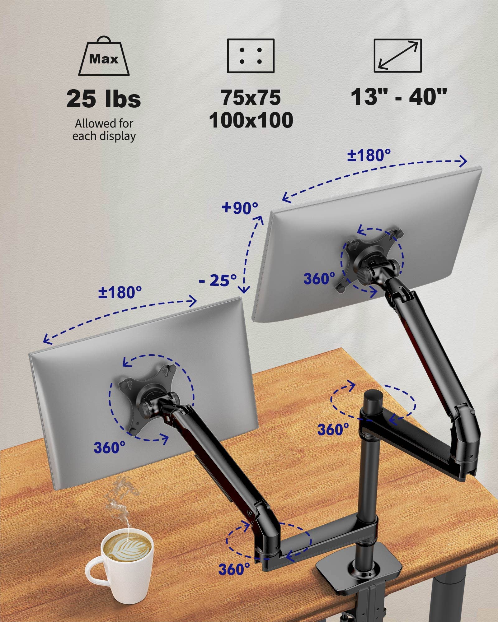 Monitor Arm Desk Mount, Fully Adjustable Computer Monitor Arm with VESA Mount, Fits 13-40" Flat/Curved Screen Within 25 lbs
