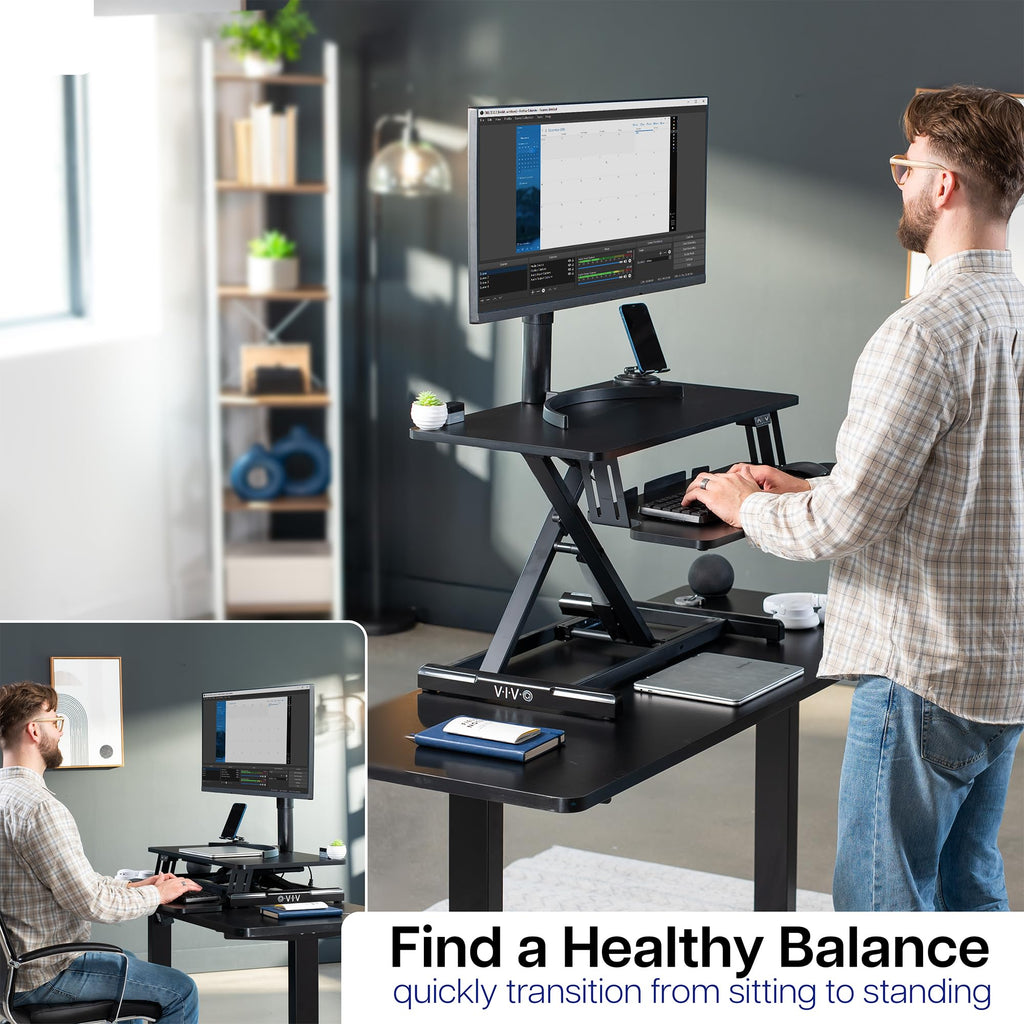 VIVO Electric Motor Desk Converter, Height Adjustable Riser, Sit to Stand Dual Monitor and Laptop Workstation with Wide Keyboard Tray