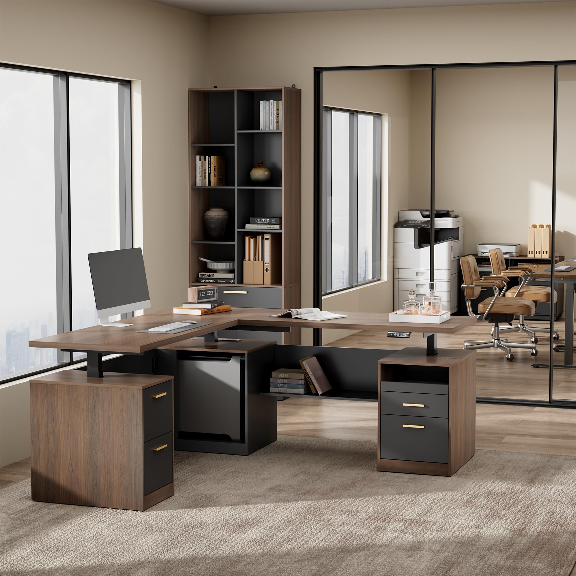 ModernMate 71" L-Shaped Electric Standing Desk with Storage, One-Piece Height Adjustable Executive Stand Up Desk, AC/USB & Privacy Panel, Home Office Workstation with Storage