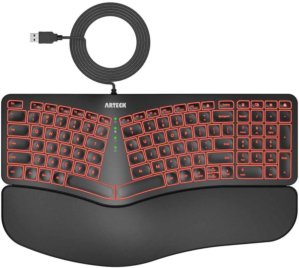 Arteck Split Ergonomic Keyboard with Palm Rest, USB Wired Backlit Keyboard