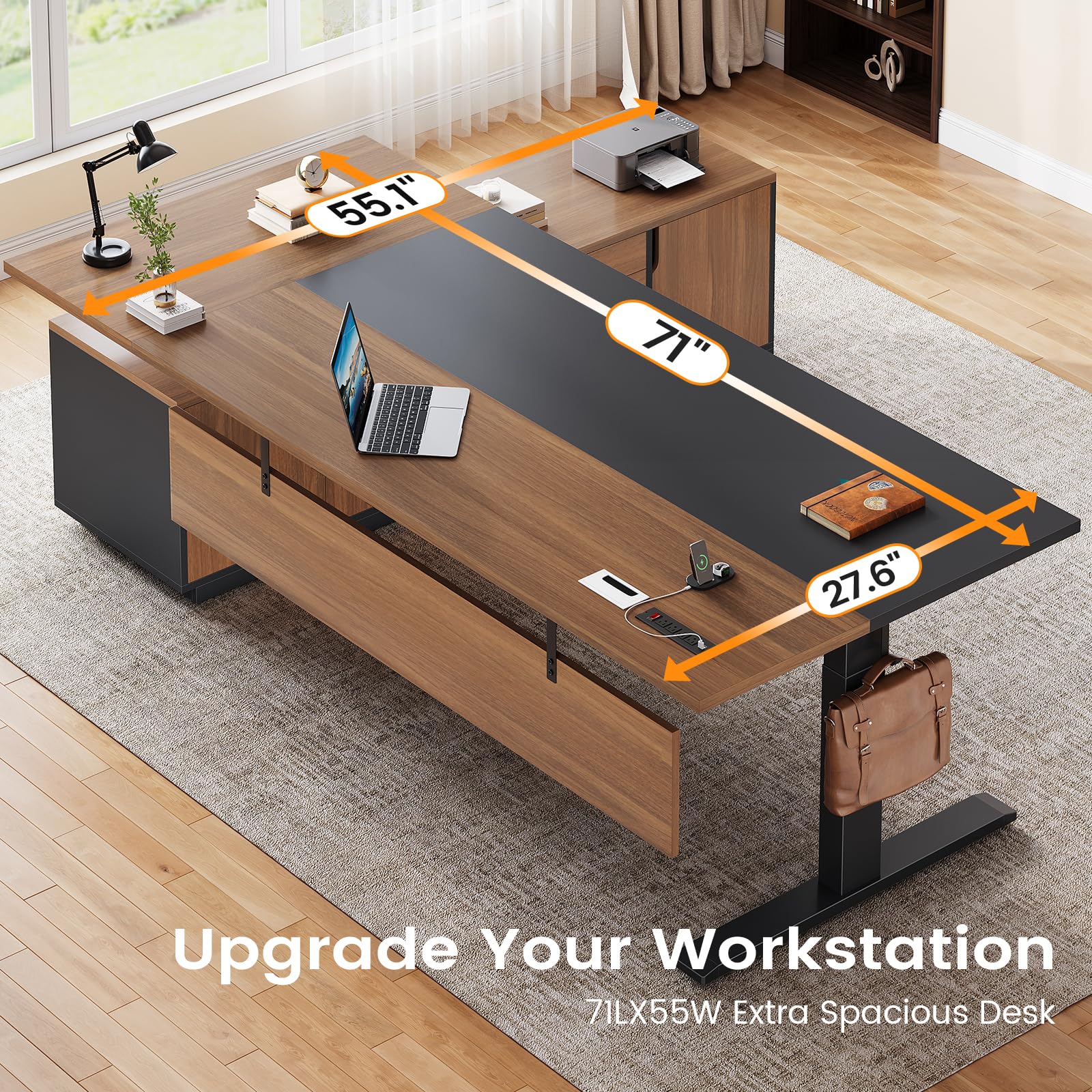 SEDETA L Shaped Electric Standing Desk, Height Adjustable Desk with 3 Drawers and Cabinet, Sit Stand Up Home Office Desk with Power Outlets & Side Hook